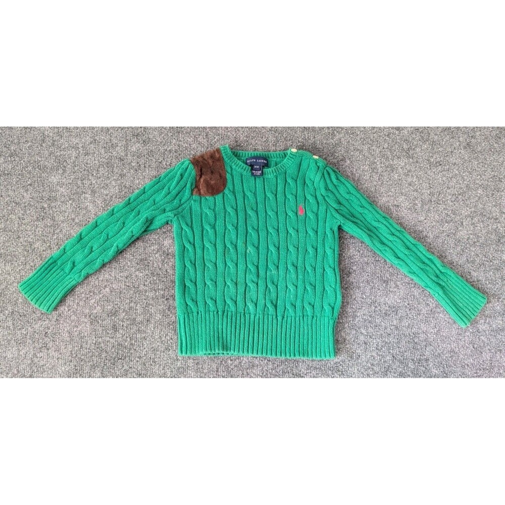 Ralph Lauren Girls Cable Knit Sweater Green Suede Shoulder Patch Size 3T Toddler